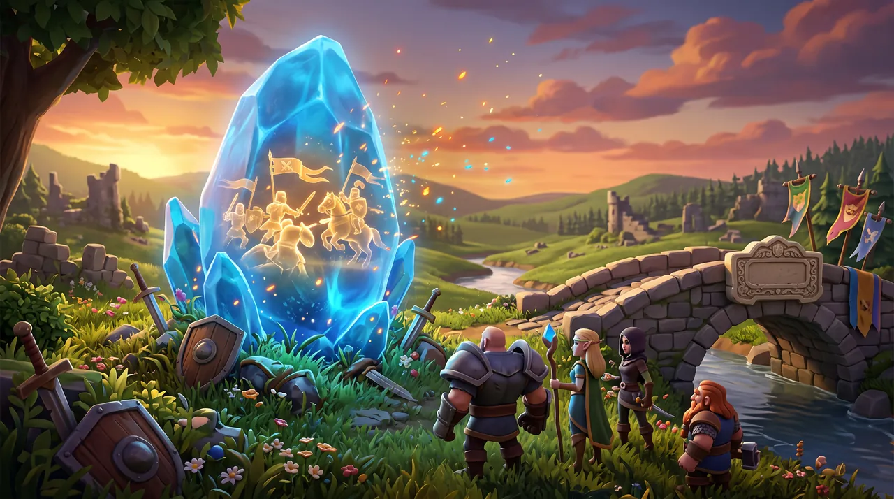 Heroes in front of a memory crystal