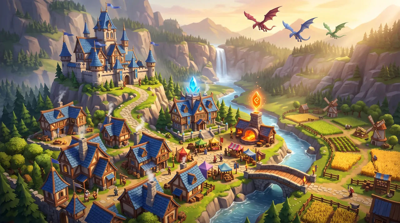 A reborn kingdom in a mountain valley with three dragons in the sky